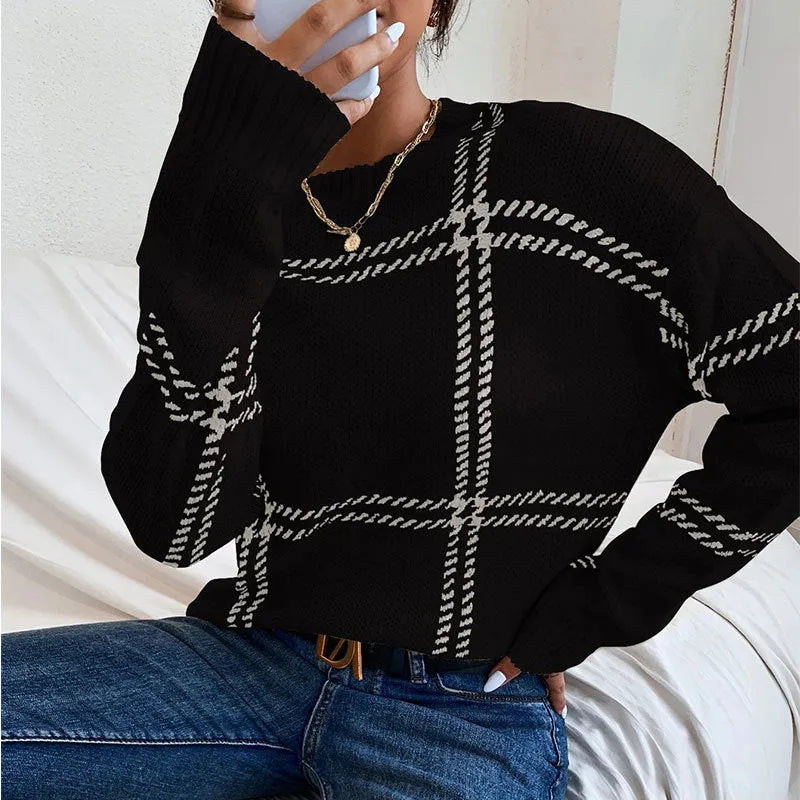 Women's plaid colour-block crew neck sweater in acrylic fabric with medium thickness