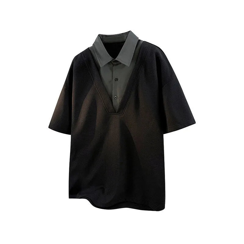Men's black padded henry collar polo shirt made from spandex fabric, showing short sleeves and pullover style.