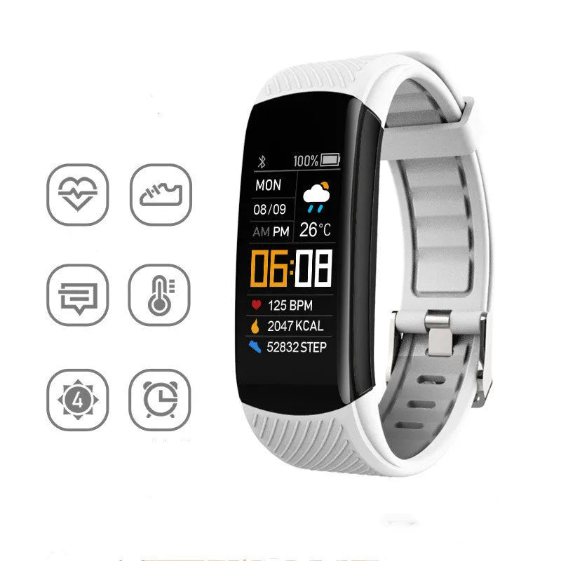 C5S model sports pedometer bracelet in various colours on a wrist, showing 0.96-inch screen.