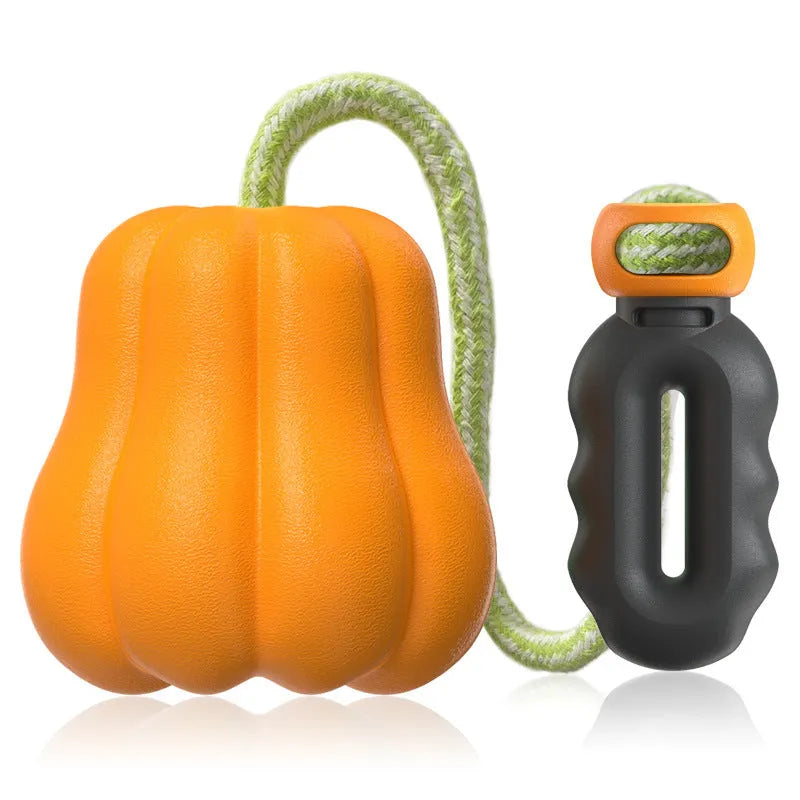 Pumpkin-shaped plastic dog toy with rope attachment for outdoor long throws and molar chewing