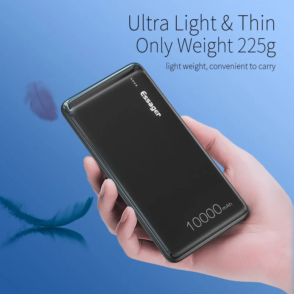 Essager Small Jane black and white 10000mAh portable power bank showing dual USB ports and LED indicators.