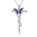 Sterling silver butterfly cross pendant necklace on white gold plated cable chain