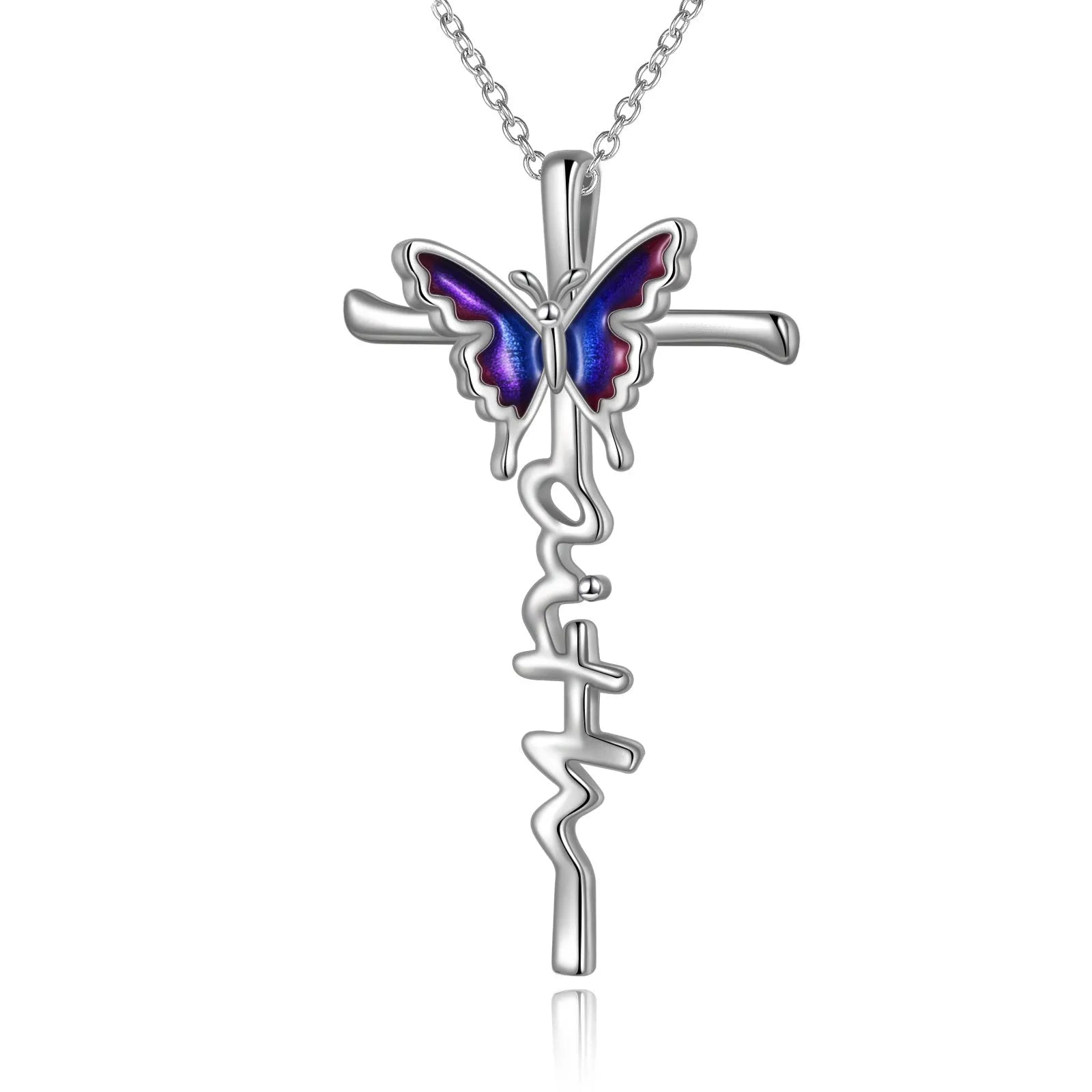 Sterling silver butterfly cross pendant necklace on white gold plated cable chain