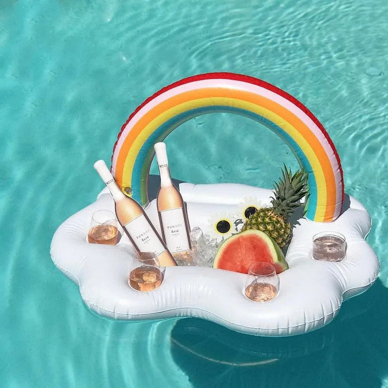 Rainbow cloud shaped inflatable pool float cooler with four cup holders floating on water