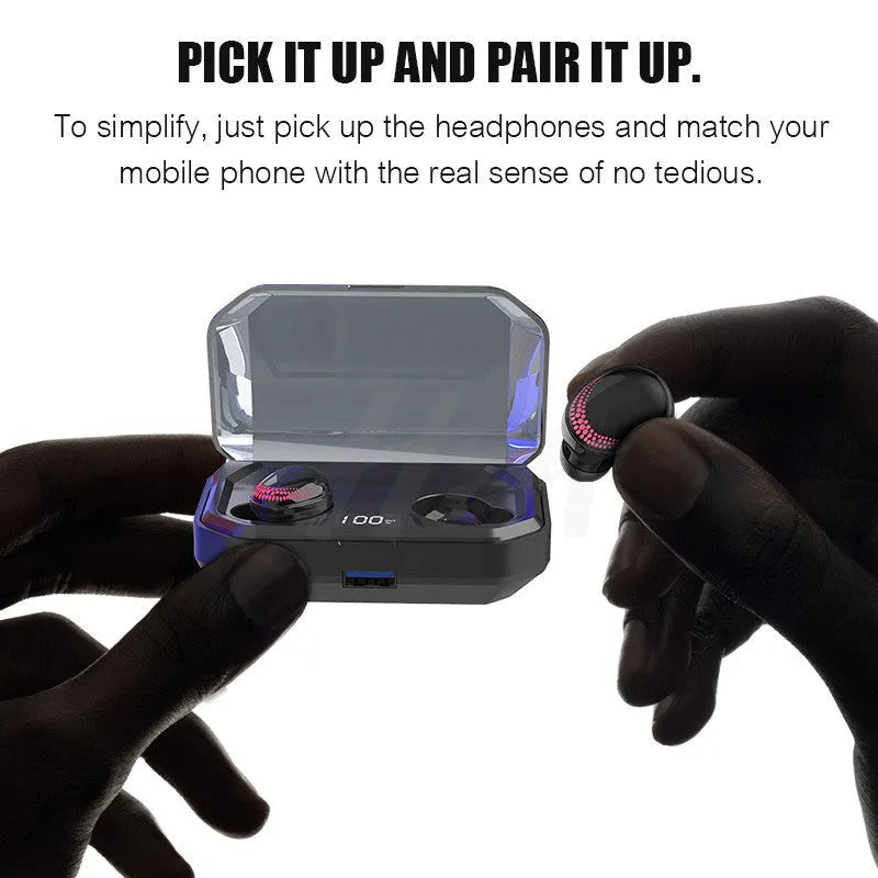 Black X10 Bluetooth headset and charging case on a white background.