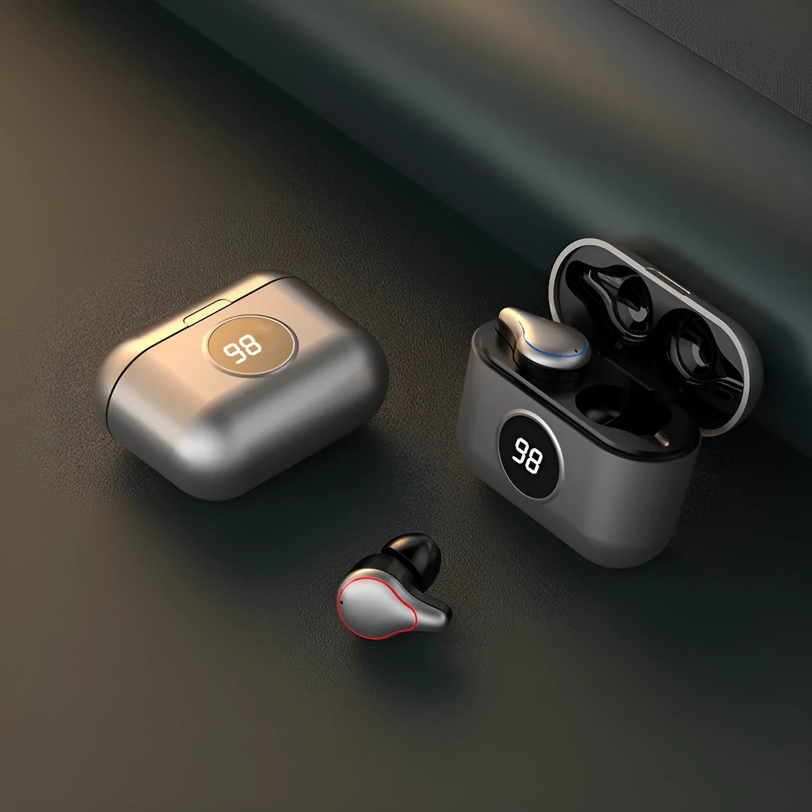 Black and blue wireless Bluetooth in-ear headsets showing earplug design for both ears