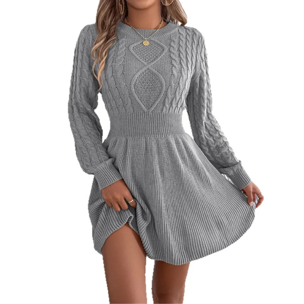 Women's solid colour acrylic sweater dress with lantern sleeves and elasticated waist.
