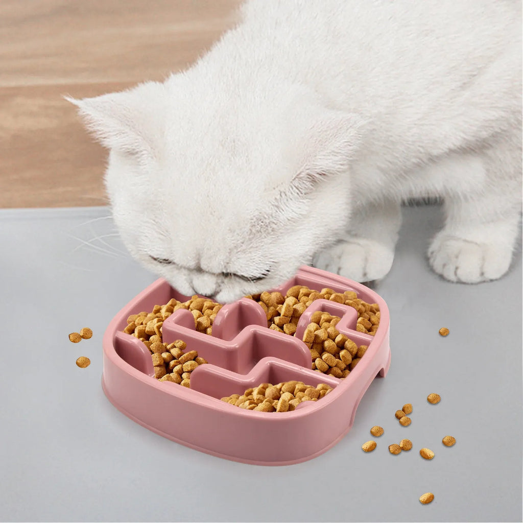 Square macaron blue slow feed bowl with maze pattern for dogs and cats