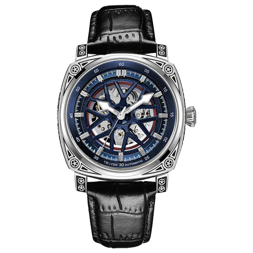 Automatic mechanical men's watch with stainless steel case and leather strap in multiple colour options