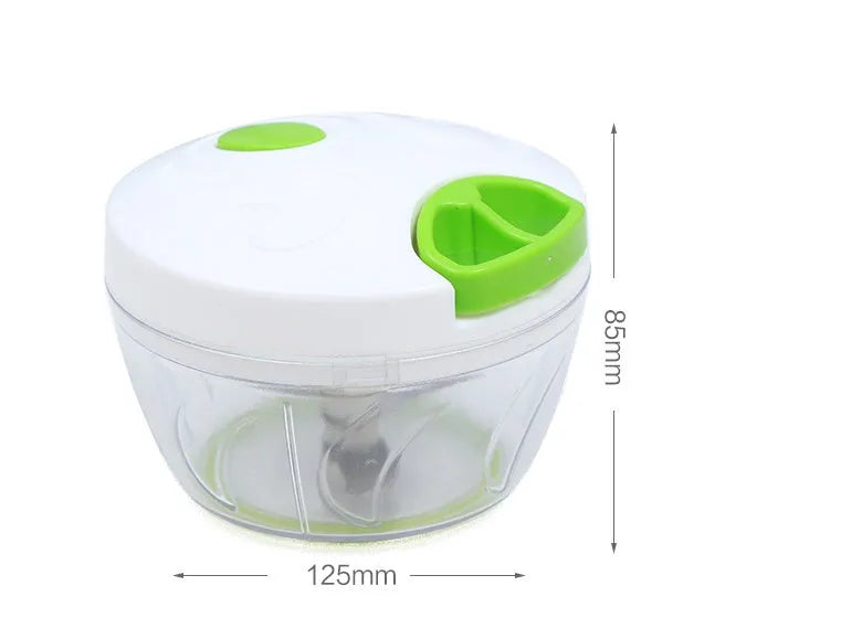 Green manual kitchen chopper with three blades, measuring approximately 13cm long