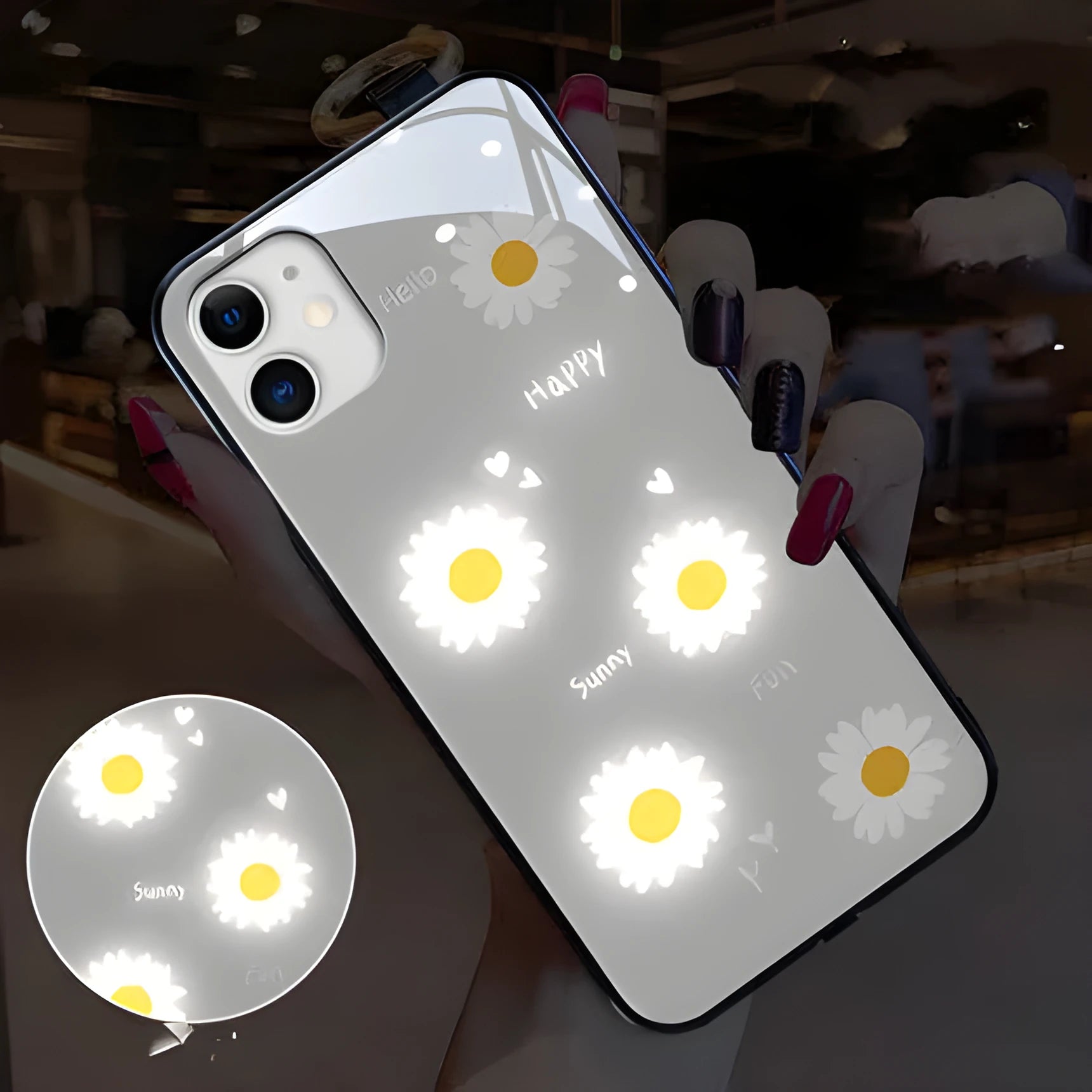 iPhone luminous phone case with voice-activated colour light and painted daisy designs on TPU protective shell