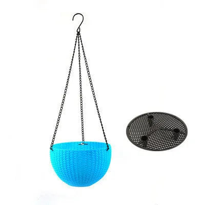 Plastic hanging basket planter with chain in one of seven colours: black, blue, bronze, green, grey, red, or white.