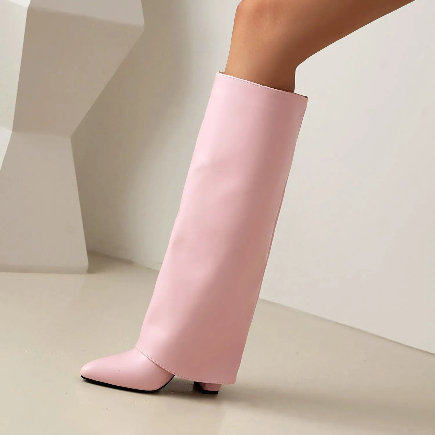Women's plus size thick high heel ankle boots in black, white, or pink artificial PU with sewing line details.