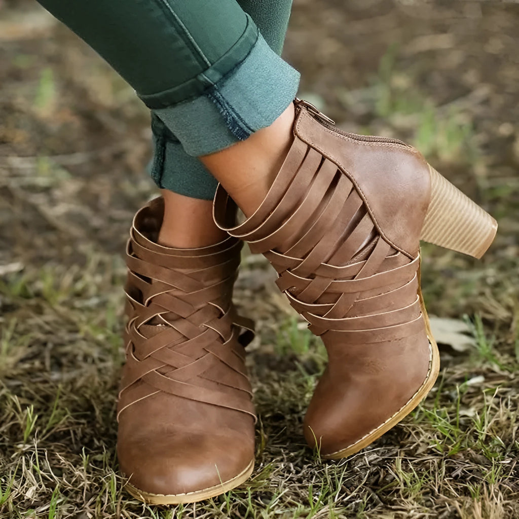Women's pointed thick heel hollow short boots in camel suede with back zipper and round toe