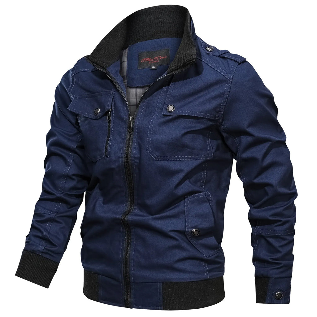 Cotton men's stand collar jacket in solid colour with side pockets available in multiple sizes