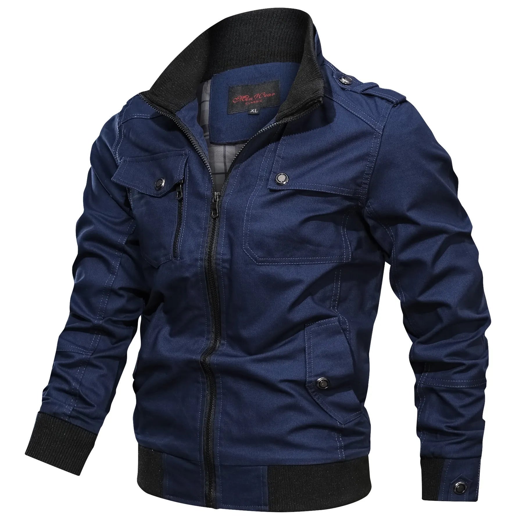 Cotton men's stand collar jacket in solid colour with side pockets available in multiple sizes