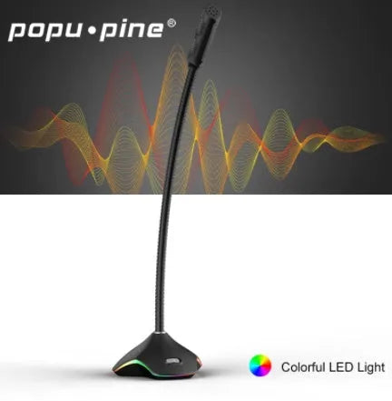 Black wired desktop microphone with foam windscreen on a stand.