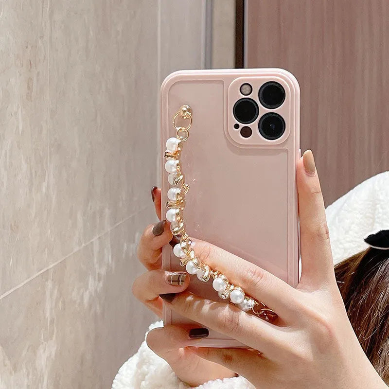 Rhinestone pearl bracelet phone case for iPhone 12 Pro Max, soft silicone, pink white, female style