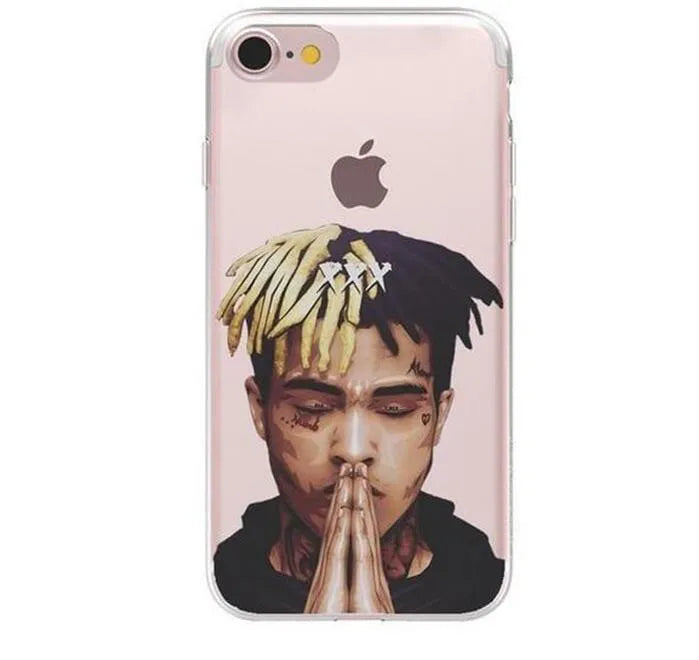 Transparent matte iPhone case with XXXTentacion artwork, shown on an iPhone model