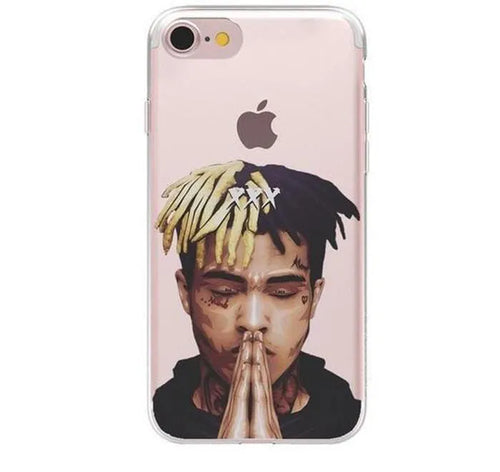 Transparent matte iPhone case with XXXTentacion artwork, shown on an iPhone model
