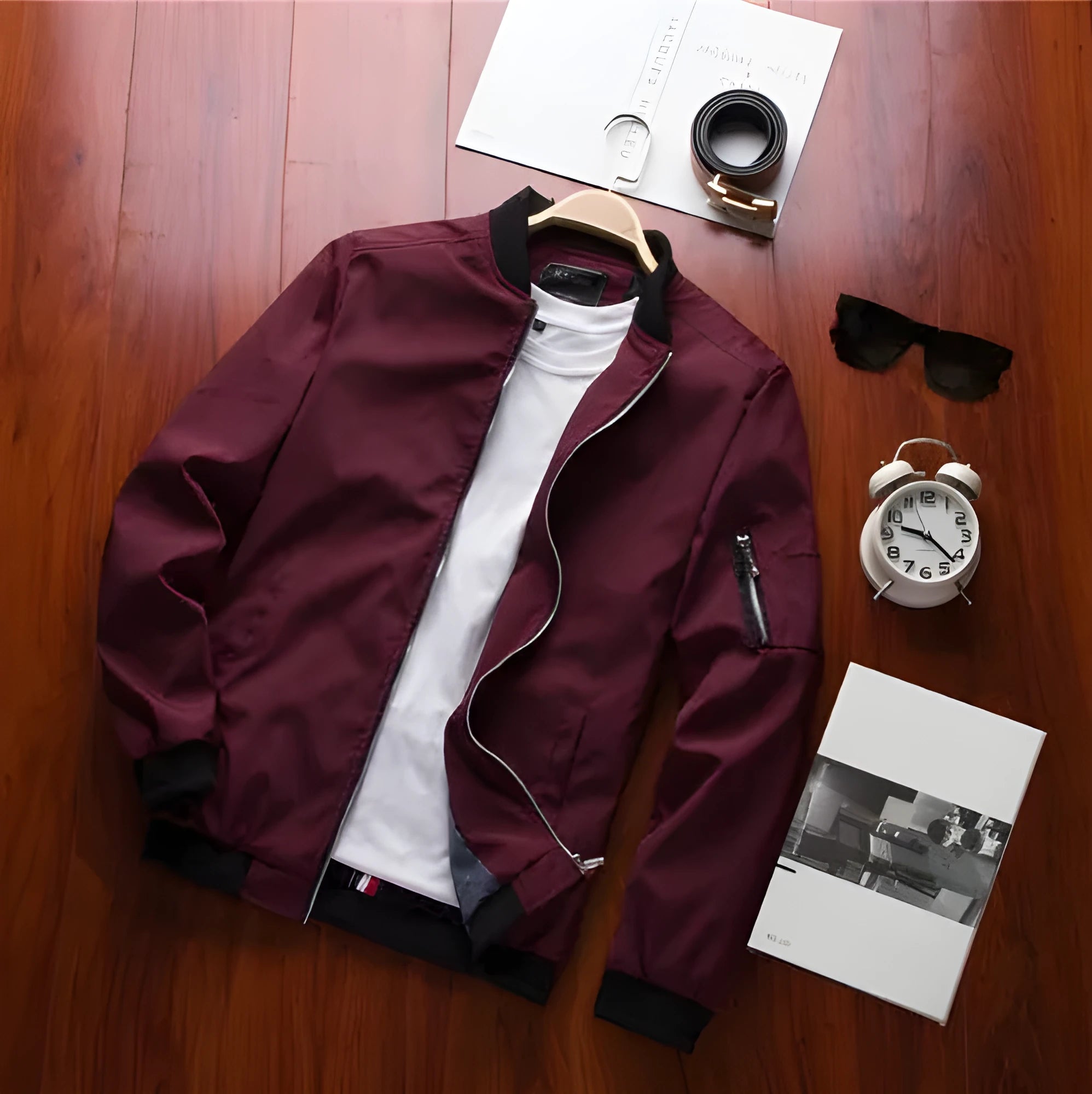 Men's slim-fit red casual zip-up jacket with stand collar and lateral seam pockets.