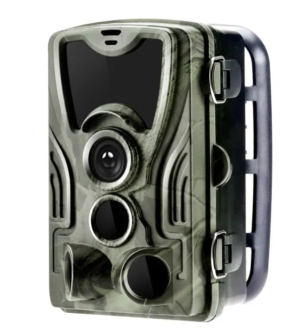 Green cellular trail camera with display screen and infrared LEDs for night vision