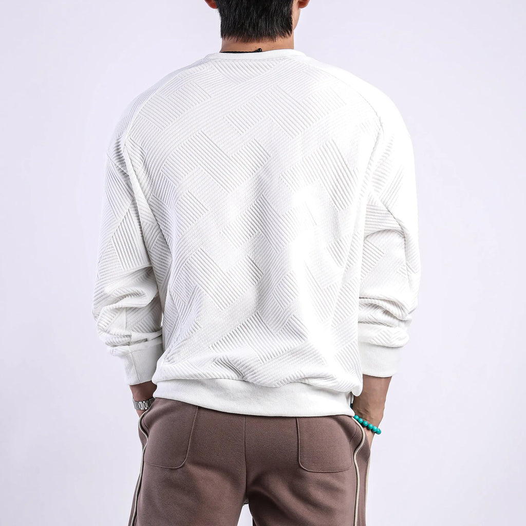 Men's loose fit long-sleeved twill jacquard sweater in a solid colour on a hanger
