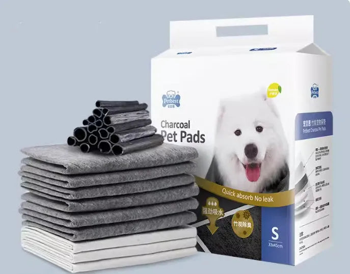 Pack of thickened dog urine pads showing adhesive backing and size comparison chart for S, M, L, and XL codes.