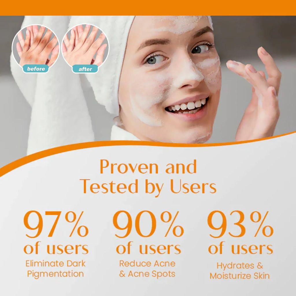 100g bar of brightening body soap with kojic acid, vitamin C, and botanical extracts.