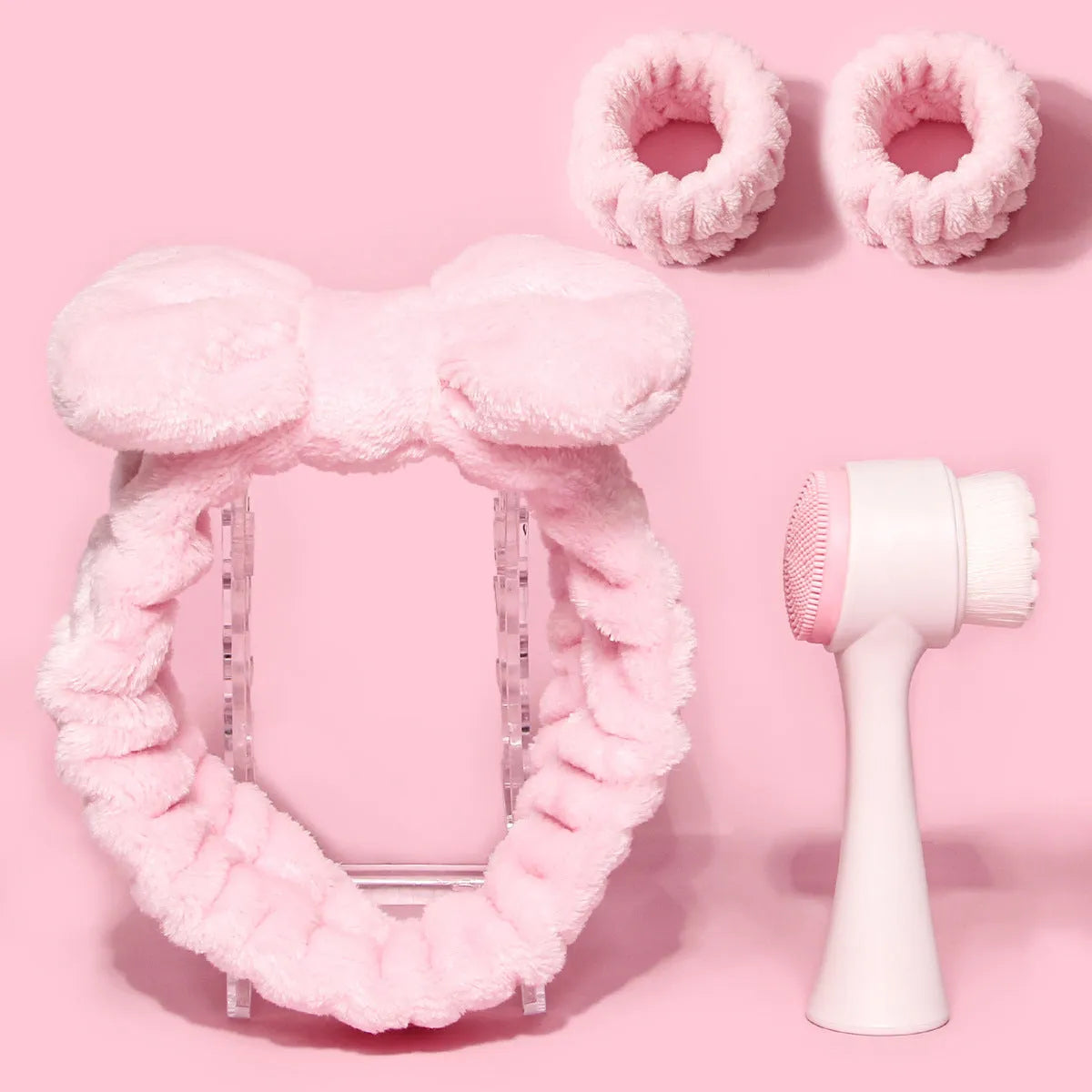 Facial brush set with coral fleece hairband in multiple colour options including purple, grey, white, and pink