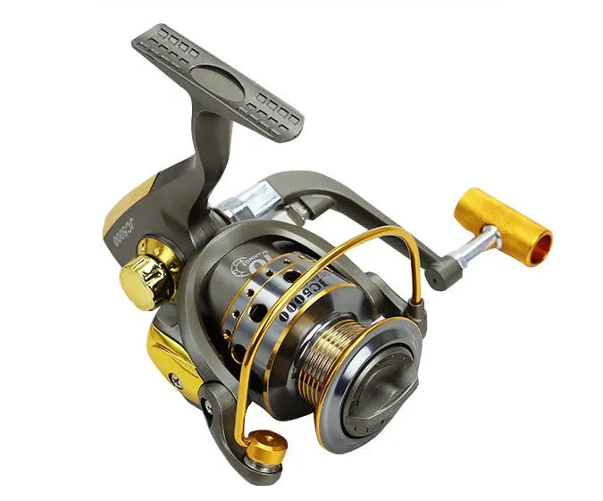 10-axis metal head spinning reel with metal line cup and folding rocker arm in silver and black