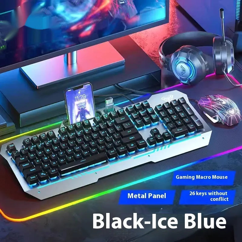 Black and white wired mechanical-feeling keyboard mouse headset bundles with RGB or blue backlighting