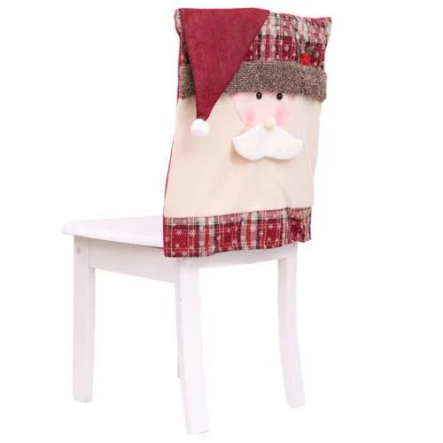 Christmas chair cover set showing Santa Claus and Snowman designs sized 51cm by 48cm with Santa hats measuring 60cm by 50cm