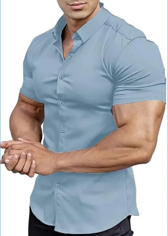 Men's printed short sleeve casual shirt with collar in multiple colour options showing cardigan style