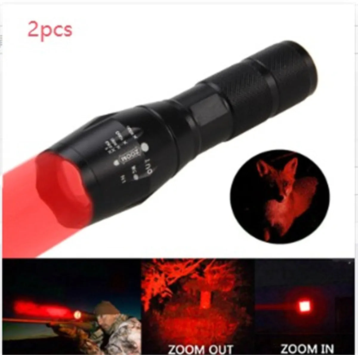 Black aluminum alloy zoom flashlight with adjustable head for focus, shown with beam reaching into distance.