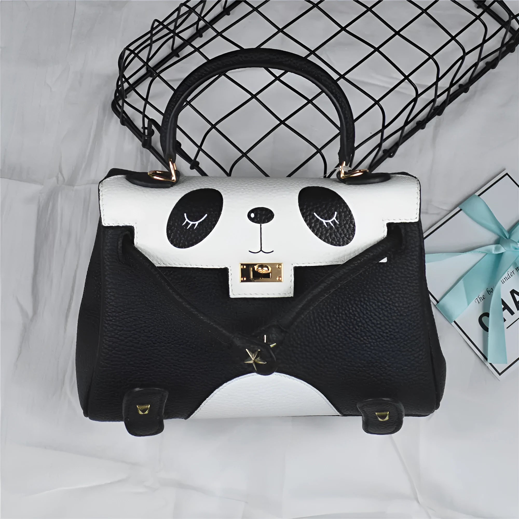 Panda print cow leather handbag in horizontal square shape