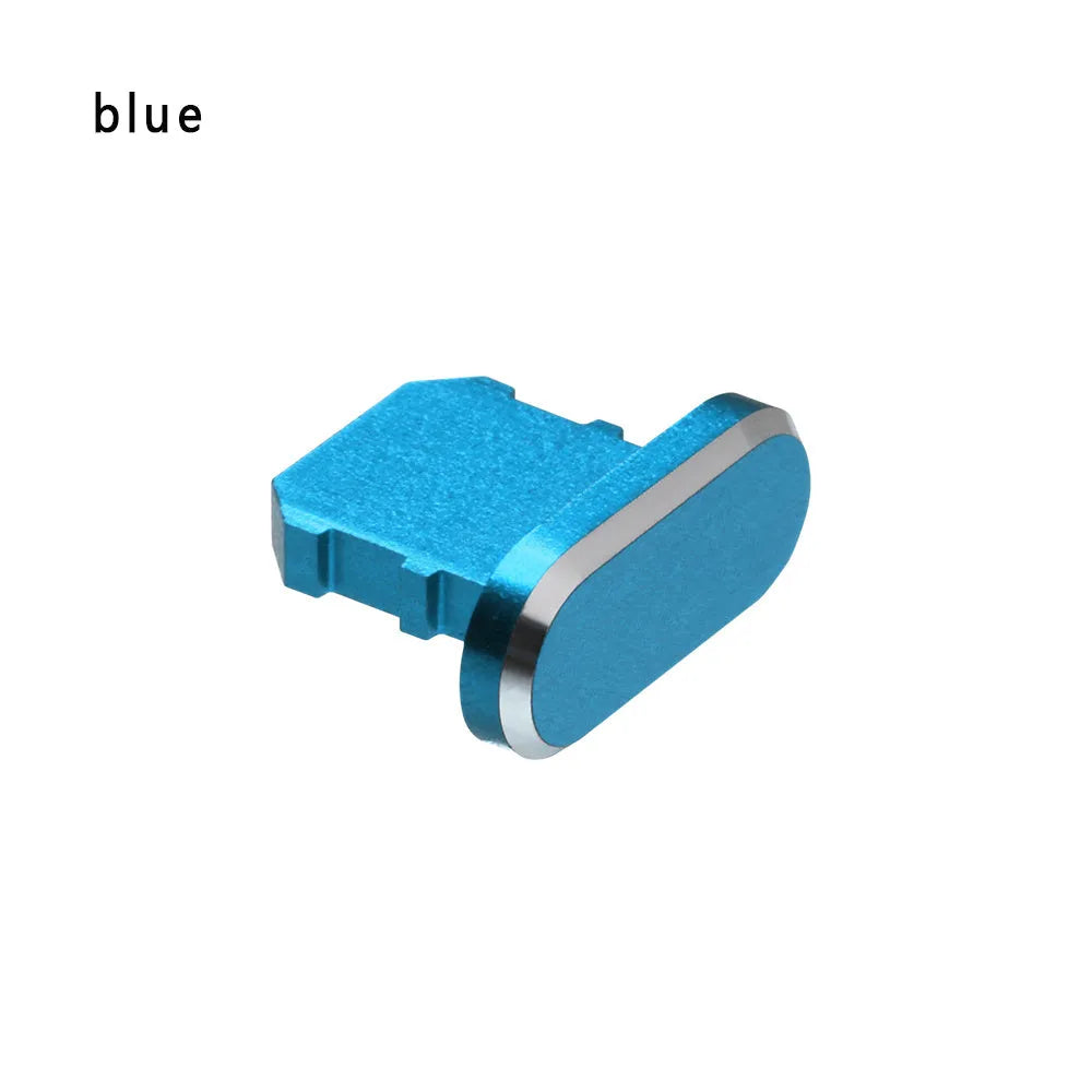 Aluminium alloy dust plug for iPhone charging port in various colours including gold, silver, blue, and rose gold.