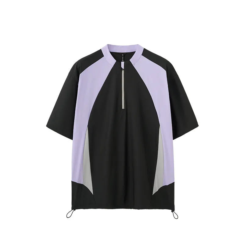 Men's lightweight polyester leisure shirt in solid black and beige colours with stitching details