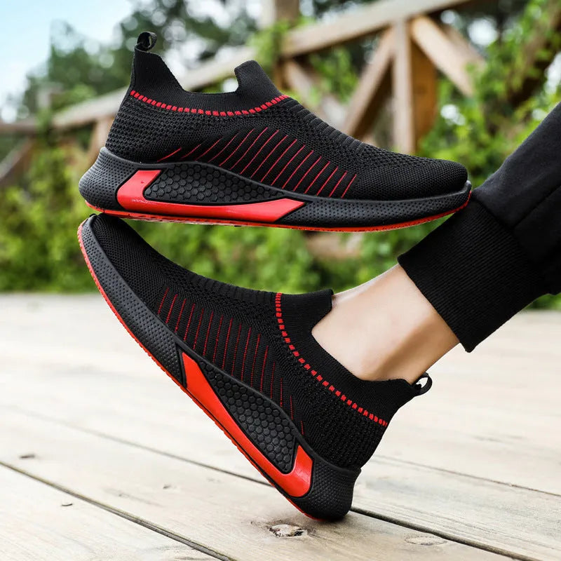 Men's striped mesh sock shoes with flyknit upper and plastic sole in three colour options