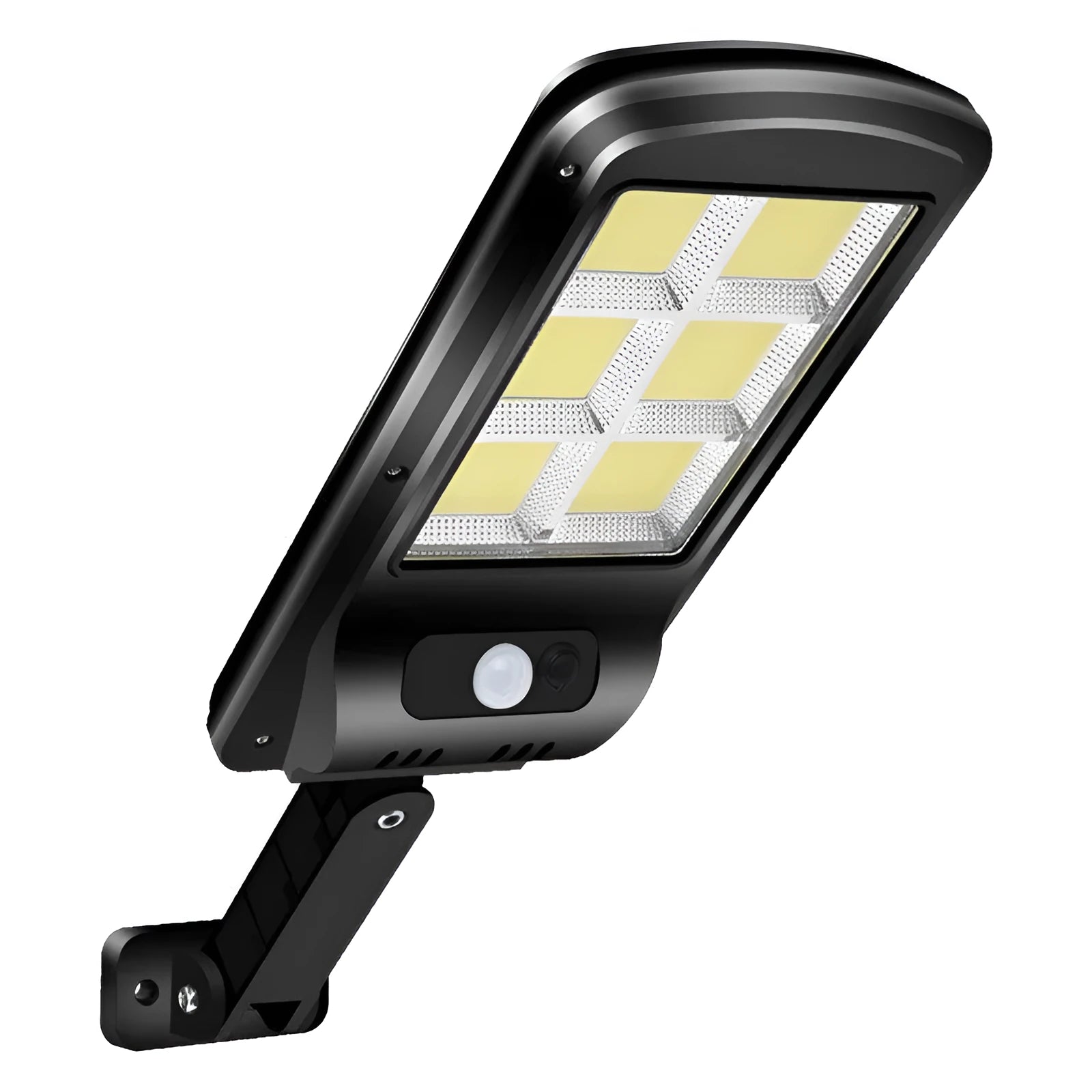 Black solar-powered outdoor security light with motion sensor for garden and driveway illumination