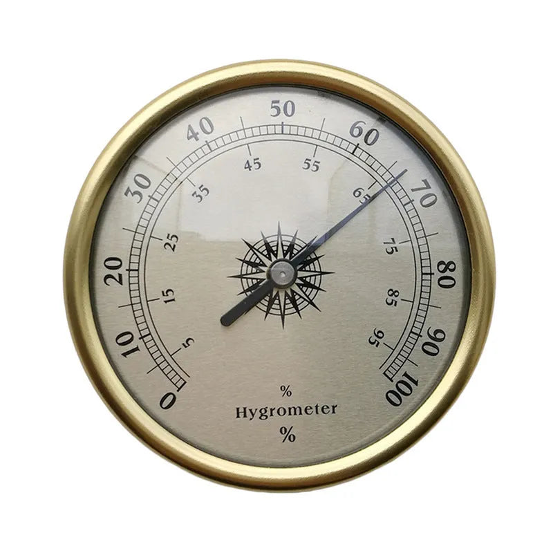 Circular analogue thermometer and hygrometer with aluminium outer ring and dial showing temperature and humidity scales