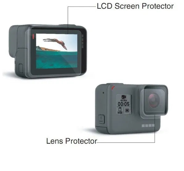 Transparent 9H tempered glass screen and lens protector film for GoPro Hero 5, 6, 7 cameras