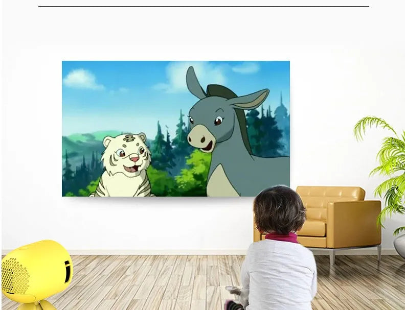 YG220 portable white or yellow LED projector showing 1080P HD projection on a wall