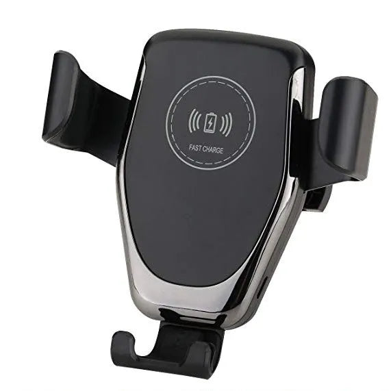 Black car wireless charger mounted on dashboard charging Apple iPhone with automatic clamp arms