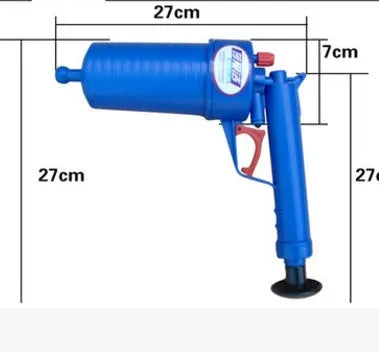 Plastic high-pressure drain blaster gun with four different sized suction cup adaptors for clearing blockages.