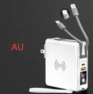 Black and white 10000mAh power bank with QI wireless charging and a set of international plug adapters