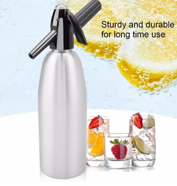 Silver portable 1L aluminium soda maker with pressure regulator and safe cover on table