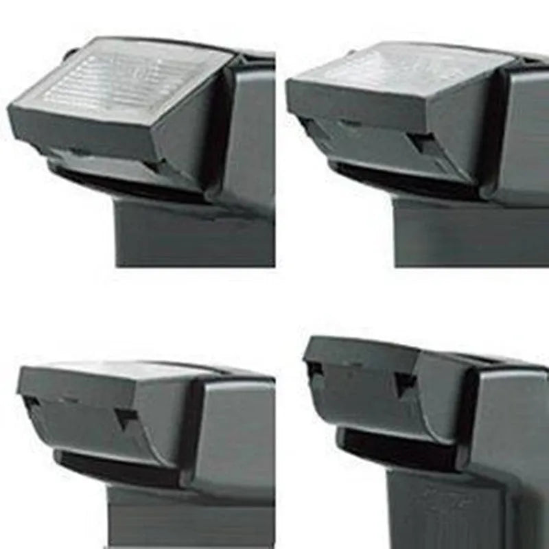 SLR camera flash unit with tilting head shown at 90-degree angle, compact 65x60x98mm design