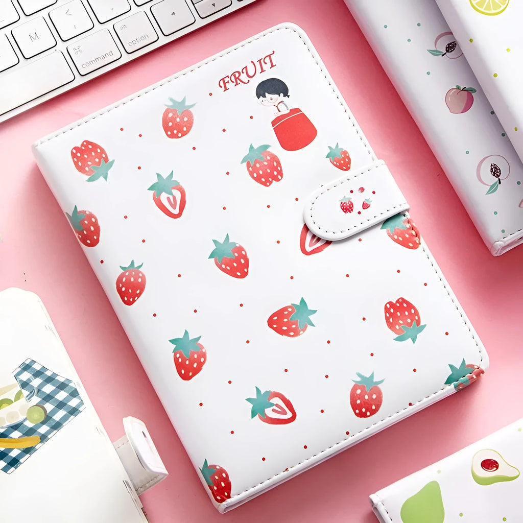 Fruit print notebook planner with magnetic buckle, imitation leather cover, kawaii illustration, A6 size 18.6x13.8cm