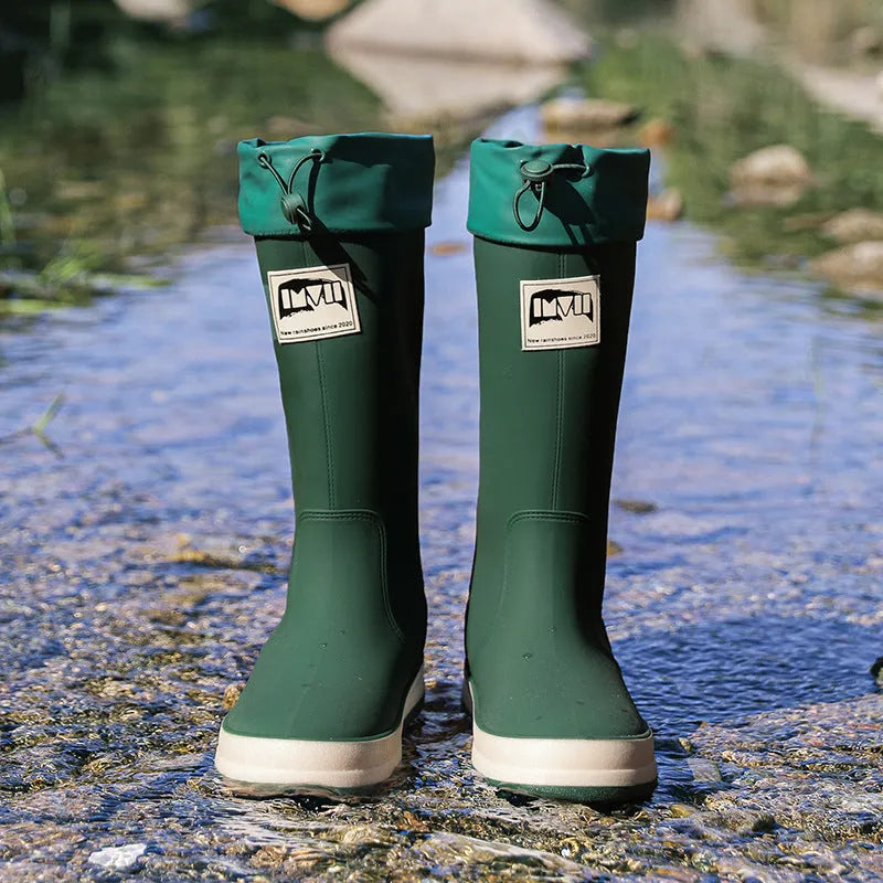 Couple PVC platform high tube rain boots in solid colour for outdoor camping waterproof non-slip